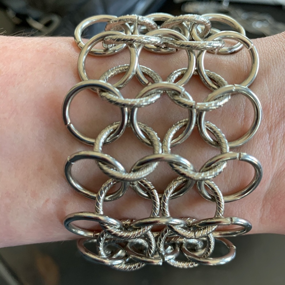 Silver tone wide link bracelet